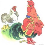 Красивый петух со шпорами и курица с цыплятами