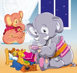 Слоны укладывают игрушки спать