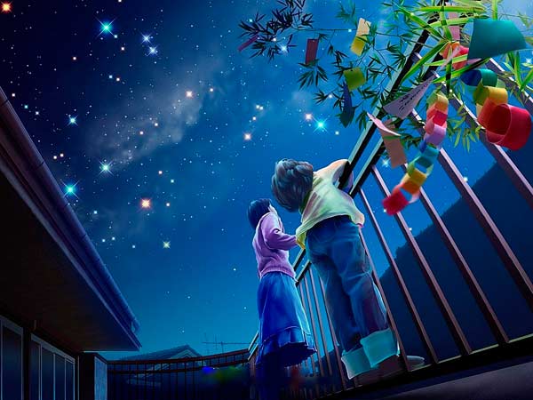 Дети смотрят на звездное небо.