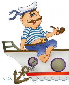 Рисунок корабля и капитана в тельняшке и с трубкой