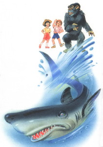 Акула уплывает от детей
