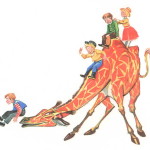 Дети катаются на жирафе