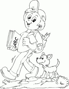 Раскраска мальчик с книгой, рюкзаком и собакой