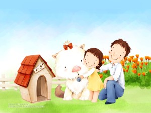 рисунок папы и дочки с собачкой