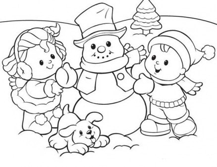 Раскраска - Дети лепят снеговика