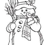 Раскраска Снеговичок в шапке, с шарфом и маленькой птичкой